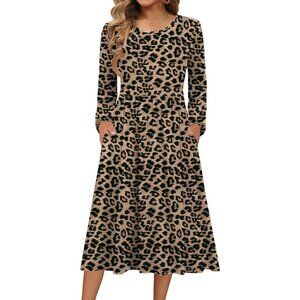 Zeagoo Women Leopard Print Long Sleeve Flowy A-Line Boho Long Dress with Pockets